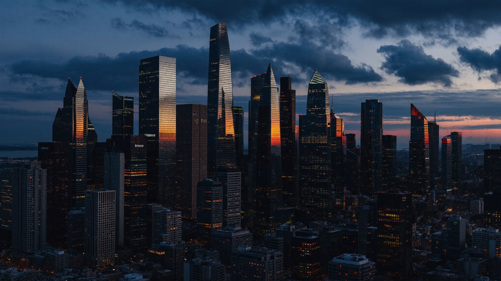 Financial district skyline at dusk